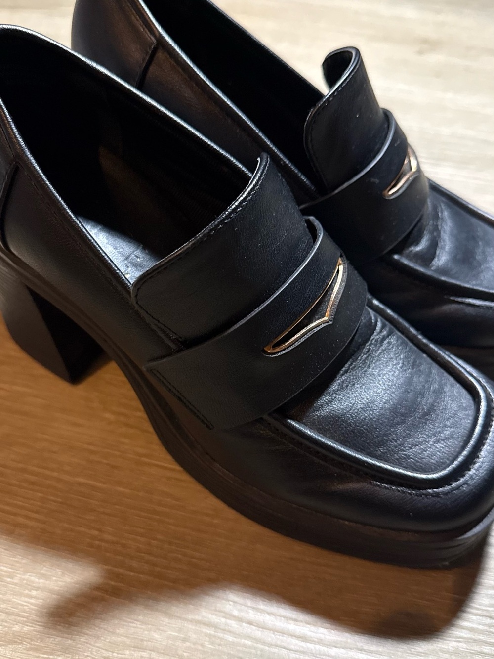 Black Leather Platform Loafer Heels